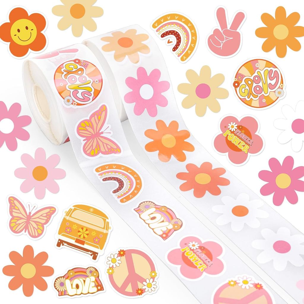 1000 ชิ้น Groovy Hippie สติกเกอร์ม้วน Boho Retro Daisy ดอกไม้ Self-Adhesive สติกเกอร์สําหรับสมุดภาพ 