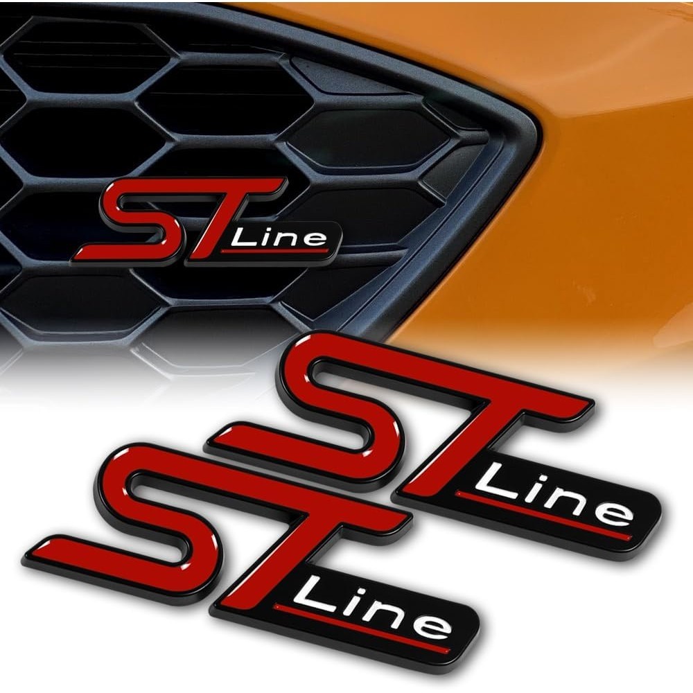 Q1-TECH, 2 PCS ST Line Emblem 3D ป้ายโลหะรถ Hood รถบรรทุกประตูด้านข้างด้านหลังสติกเกอร์ Emblem สําหร
