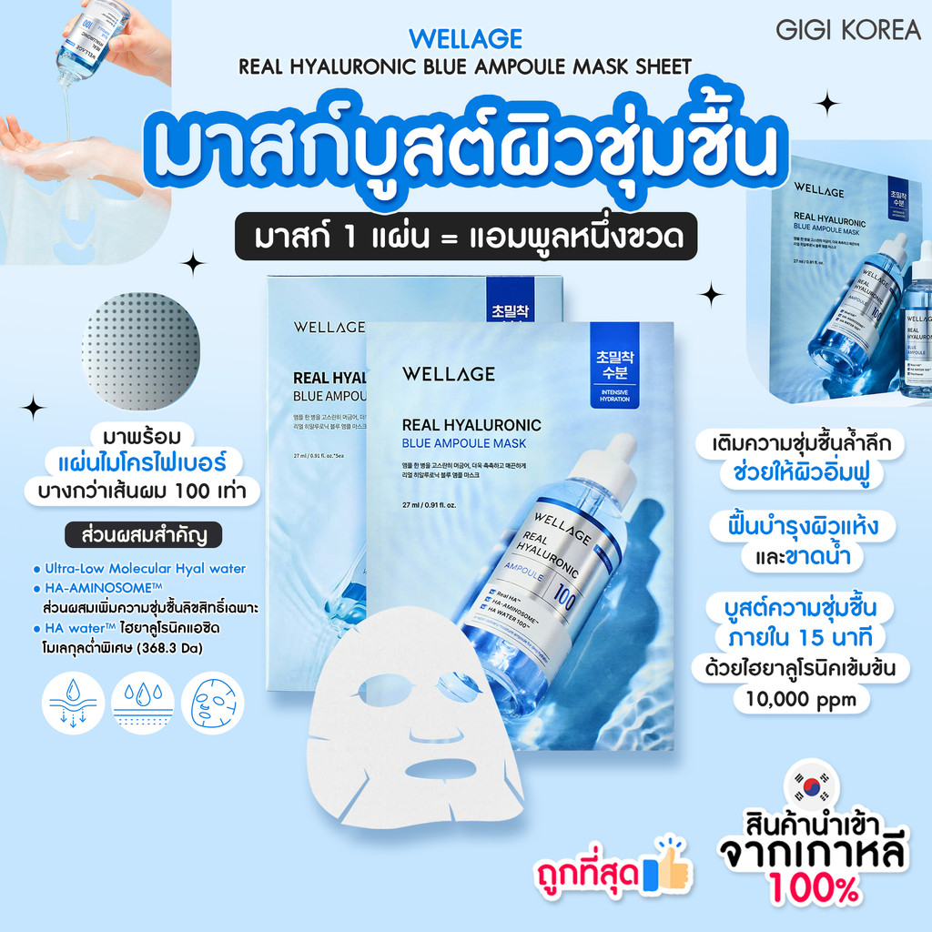 ✅พร้อมส่ง ถูกที่สุด ของแท้ WELLAGE REAL HYALURONIC BLUE AMPOULE MASK มาสก์ชีทไฮยา
