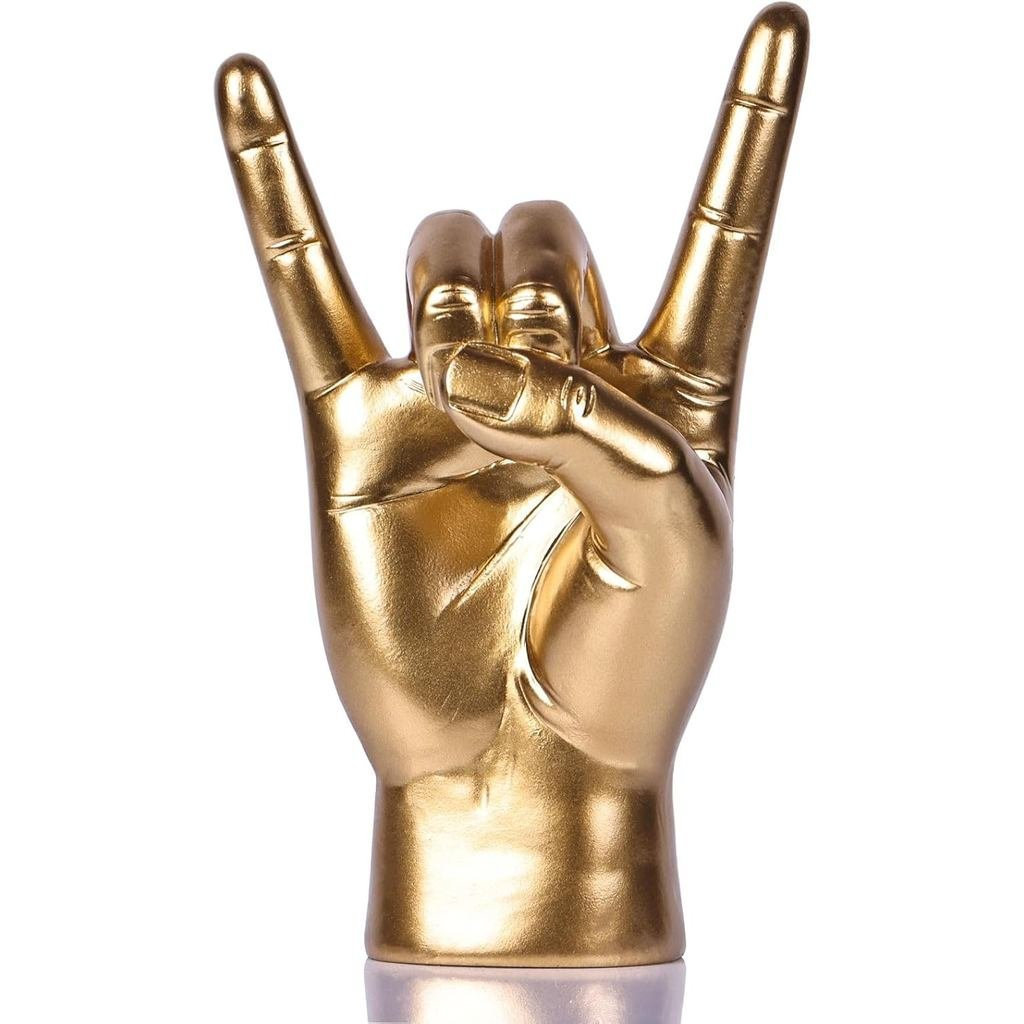 QIANLING 7.7" Gold Resin Rock On Hand Gesture รูปปั้น - Rock Culture Music Lovers ตกแต่งโต๊ะสําหรับช