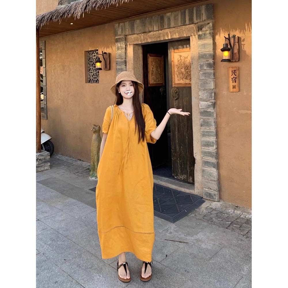 Dopamine ชุดแขนโคมไฟผู้หญิงฤดูร้อนหลวม V คอ Laced-Up สไตล์ขี้เกียจ Chic Over-the-Knee กระโปรงยาว sdf