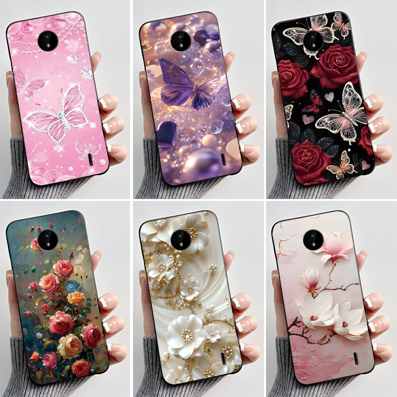 สําหรับ Nokia C10 C20 C20 Plus เคสโทรศัพท์หรูหราแฟชั่นผีเสื้อดอกไม้สีดํา Jelly Soft TPU ฝาครอบป้องกันเต็มรูปแบบสําหรับ NokiaC10 ปลอก