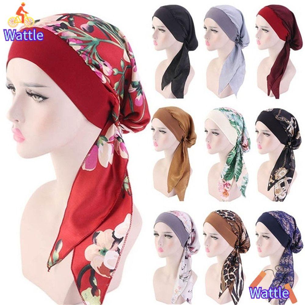 WATTLE Cancer Head Scarf Women Pre-Tied Print Elastic Chemo Pirate Cap
