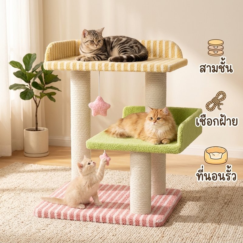 กรอบปีนแมว 3 ชั้น สีลูกอม ครบฟังก์ชัน มีชั้นขีดข่วน เล่น นอน สำหรับแมวทุกอายุ ประหยัดพื้นที่