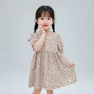 MooDeng Baby ชุดเดรสเด็กหญิง ลายดอกไม้ สีดำ สีเหลือง แขนจั๊ม คอกลม มี2สี ผ้าโพลีเอสเตอร์