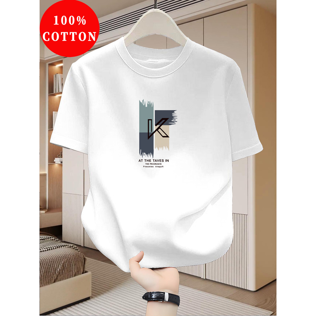 เสื้อยืดผู้ชาย 100% ผ้าฝ้าย คอวีแขนสั้น ใส่สบาย ระบายอากาศดี เหมาะสำหรับกิจกรรมกลางแจ้งและพักผ่อน