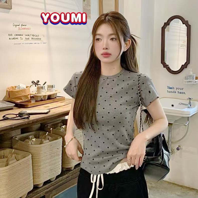 พร้อมส่งในไทย เสื้อยืดแขนสั้นคอกลมสั้นลายจุดย้อนยุคแฟชั่นสตรี แมทช์ง่าย🎀YOUMI