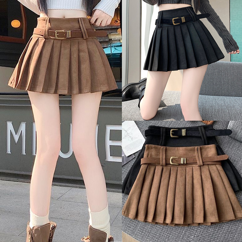 Dahong  กระโปรงผ้ากำมะหยี่แถมเข็มขัด   กระโปรงรอบตัว เอวสูง สีพื้น มีซับใน Y2K 99337
