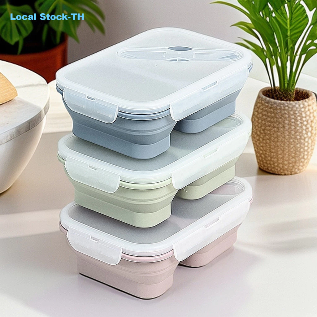 【SayTH✨1-3 วัน】กล่องข้าวซิลิโคน แบบพับได้ และ 2 ช่อง พร้อมช้อน กล่องข้าวพกพา lunch box