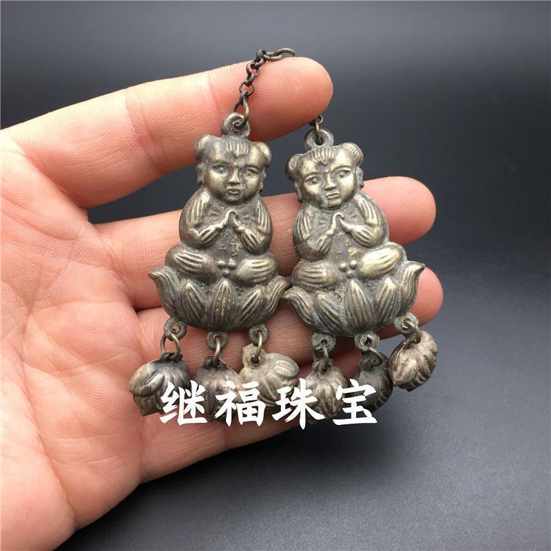 Old Bag Pulp งานสองด้านเงินทิเบต Good Fortune Boy เงิน Lucky Boy จี้ Retro Old Silverware พื้นบ้านวั