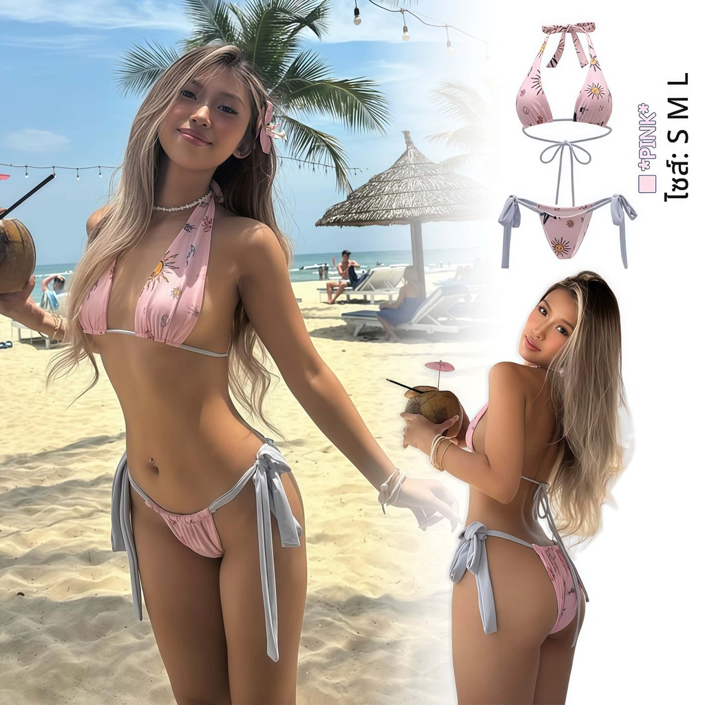 🩷Hot.Bikini🩷บิกินี่ เซ็กซี่ ชุดว่ายน้ำแฟชั่น รุ่นใหม่ ชุดไปทะเล 2 ชิ้น เว้าหลัง สายรัดด้านข้าง เอวต่ำ ลายดาว พร้อมส่ง