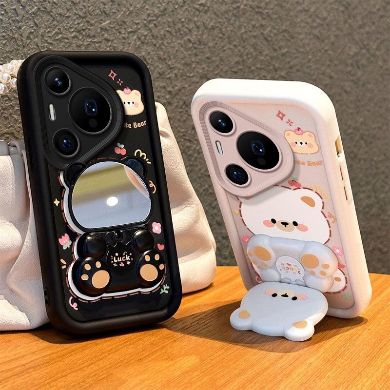 สําหรับ Huawei Pura 80 70 P60 P50 P40 P30 P20 Pro 70 Ultra เคสโทรศัพท์ปลอกการ์ตูนกระจกขาตั้งกันกระแทกนุ่มเกราะป้องกัน