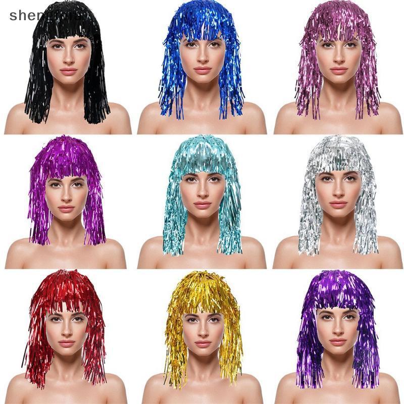 [SFI] Shiny Tinsel วิกผมโลหะ Masquerade Disco หมวกฟอยล์ Tinsel วิกผมสําหรับผู้ใหญ่ชุดแฟนซีปาร์ตี้สํา