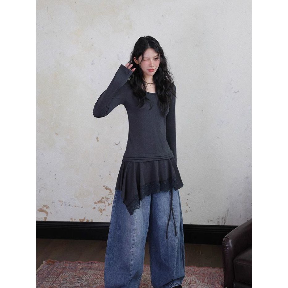 Layered Handy เครื่องมือ Heavy Industry ลูกไม้ลูกไม้ Streamer แคบเล็กน้อยเอว Slimmer ดูเสื้อยืดแขนยา