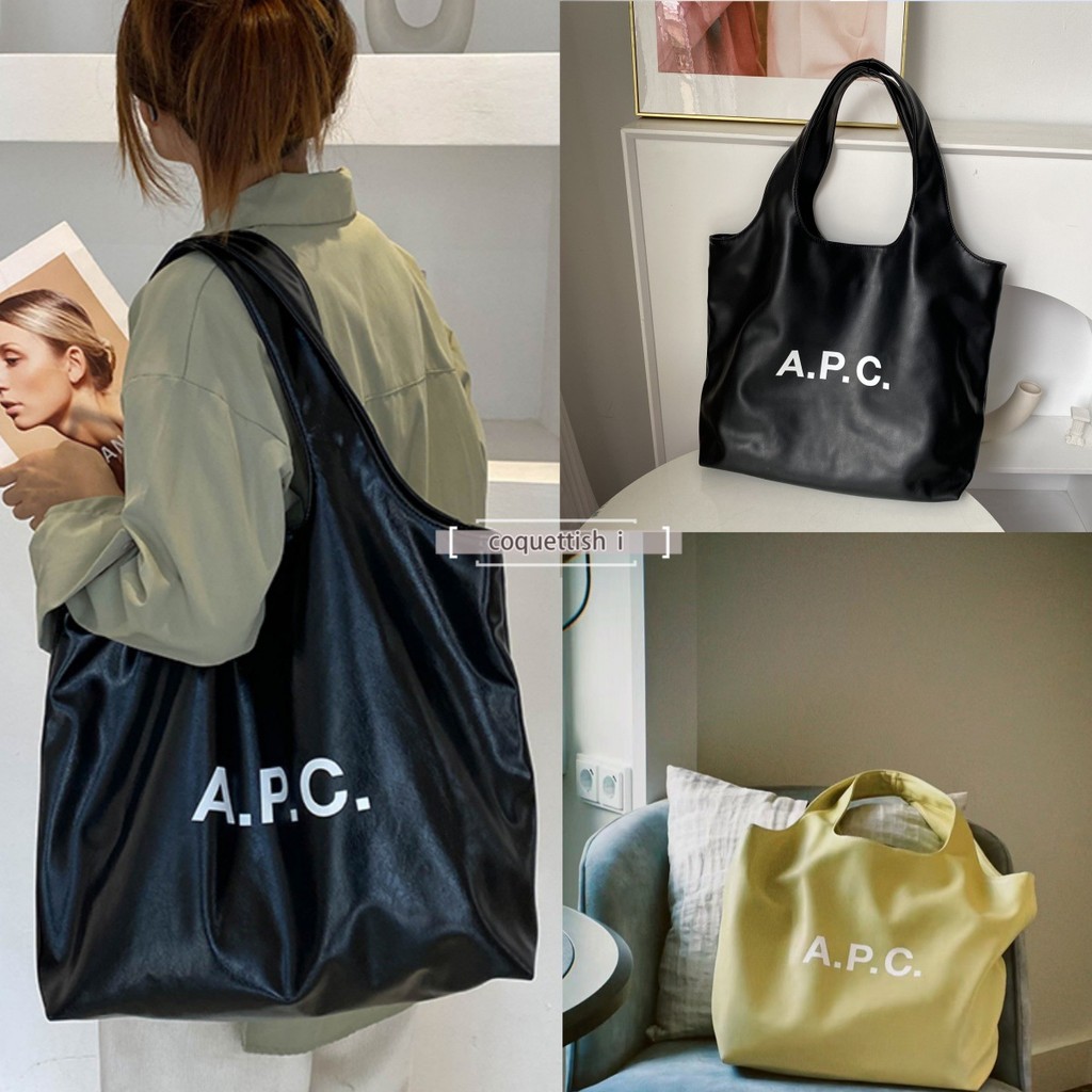 Spot Goods#French Niche APC Ladies logo Printed Leather Tote Bag Large Capacity Shoulder Commuting C