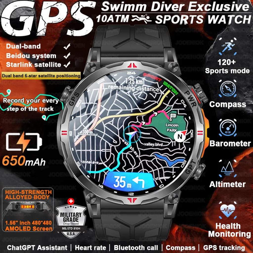 2026 ใหม่กีฬากลางแจ้ง Smartwatch ผู้ชาย Original GPS ตําแหน่ง 650mAh HD Call 1.56 นิ้ว AMOLED หน้าจอ