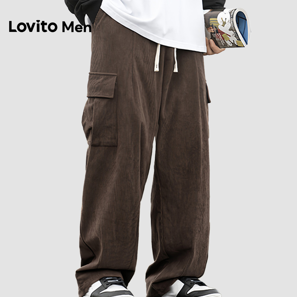 Lovito กางเกงคาร์โก้เชือกรูดสําหรับผู้ชายทุกฤดูสีน้ําตาล LNE127110