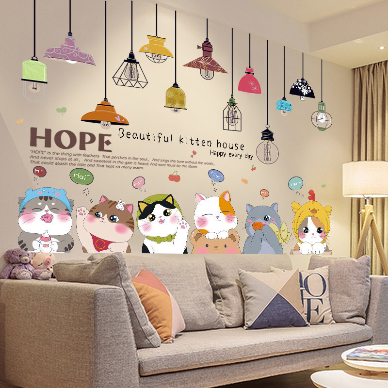 wallpaper ติดผนัง room decor สติ๊กเกอร์ติดผนังห้องห้องนั่งเล่นห้องนอนแมวน่ารัก
