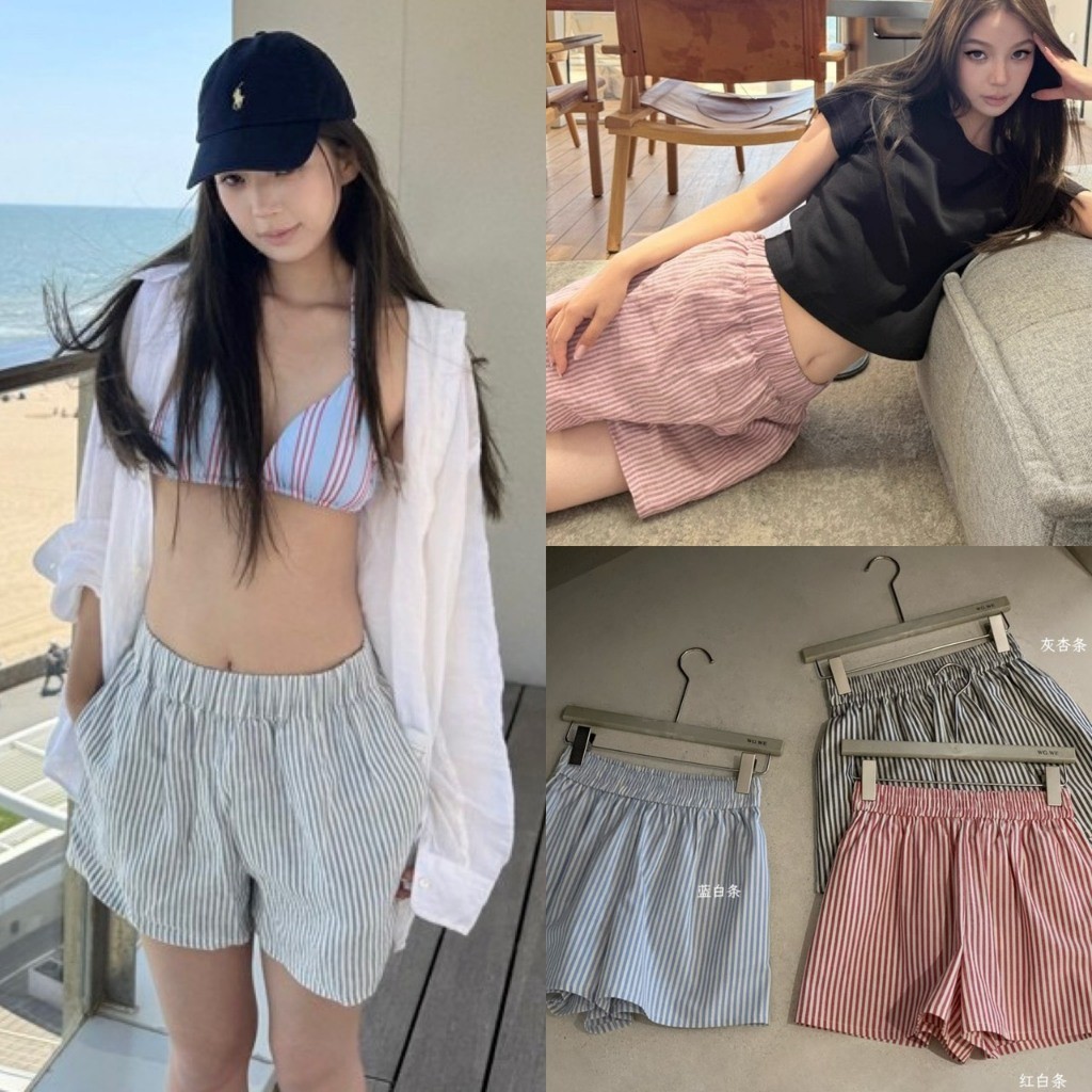 ❤ 🧵 🇰🇷 W8823 กางเกงขาสั้น เอวสมอค ลายทาง แต่งกระเป๋าหลัง ผ้าดีใส่สบาย งานน่ารักมากๆค่า แฟชั่นเกาหลี TAG WG.WE 🧵🧡