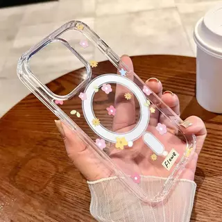 เคสโทรศัพท์แบบใสแม่เหล็กสำหรับ iPhone 17 11 12 13 14 Plus 15 Pro Max เคสลายดอกไม้กันกระแทกซิลิโคนฝาหลังแข็ง