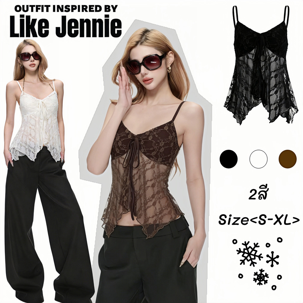 Jennie พร้อมส่ง🎊🎐เสื้อสายเดียวผ้าลูกไม้คอวีดีไซน์โบว์น่ารักเสริมฟ้องน้ำแขนกุด เสื้อครอปทรงเข้ารูปสไตล์สาวฮอตสำหรับเดิน