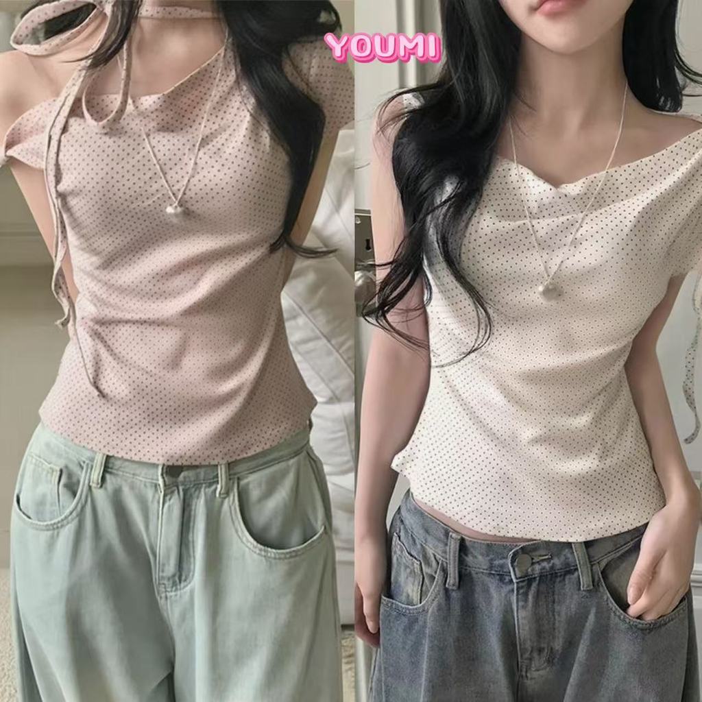 ส่งจากไทยทุกวัน เสื้อยืดผู้หญิง ลายจุด ดีเทลสายผูกไหล่ ปาดไหล่ 2สี🎀YOUMI