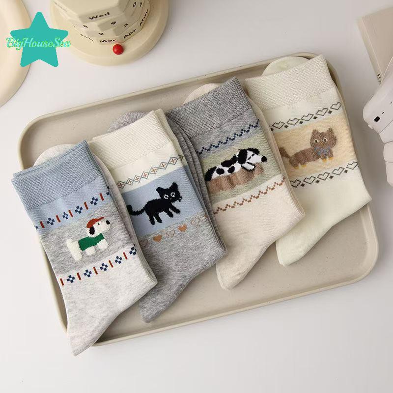 [Sea-t] 1/4 คู่การ์ตูนสุนัขรูปแบบสบาย Sos Breathable Anti Slip ดูดซับเหงื่อกลางหลอดSos Outdoor Warm 