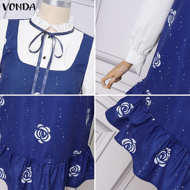 VONDA ผู้หญิงเกาหลี Girlish Stand-Up Collar, แขนยาว, ตัดแต่งหูสีดํา, กุทัณฑ์สีตัดกันและจีบดอกไม้ชุดปลอมสองชิ้น — صورة 7