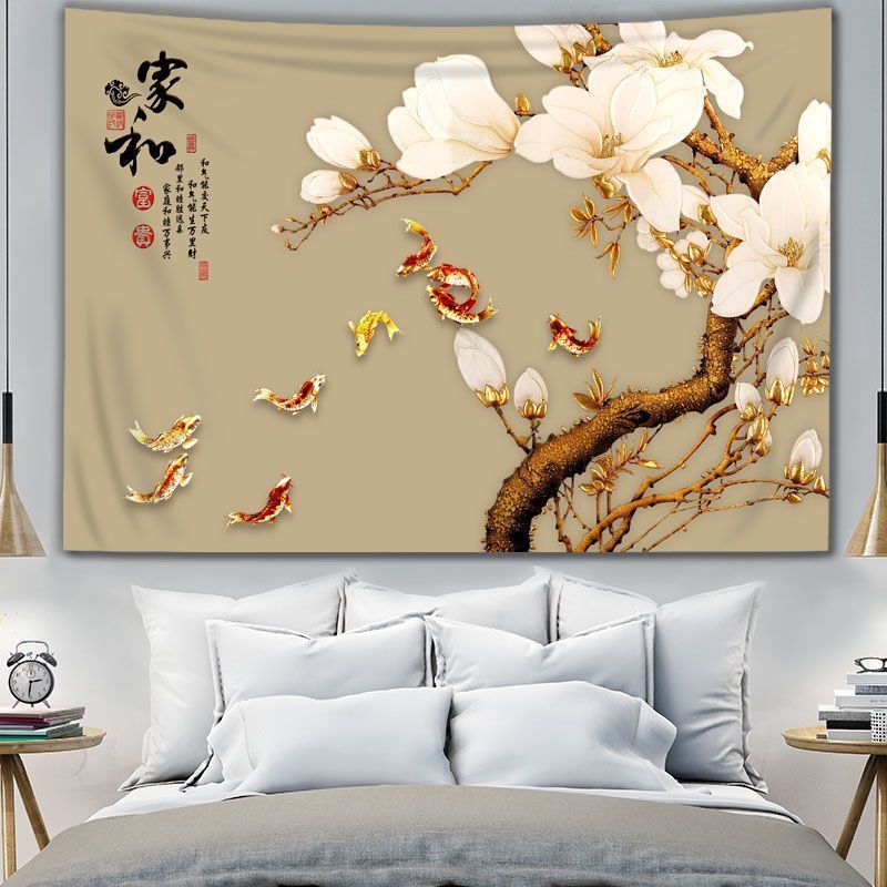 ผ้าพื้นหลังสไตล์จีน Koi ห้องนั่งเล่นในครัวเรือน Tapestry Jinyu Full House Peony เก้ารูปแบบปลาติดผนัง