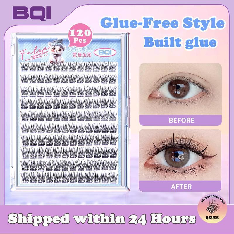 BQI 100-120 Cluster ขนตาปลอมกาว Self-Adhesive ใหม่อัพเกรด Softer Lashes กาวฟรี 10-12 มม.C Curl ผู้ขา