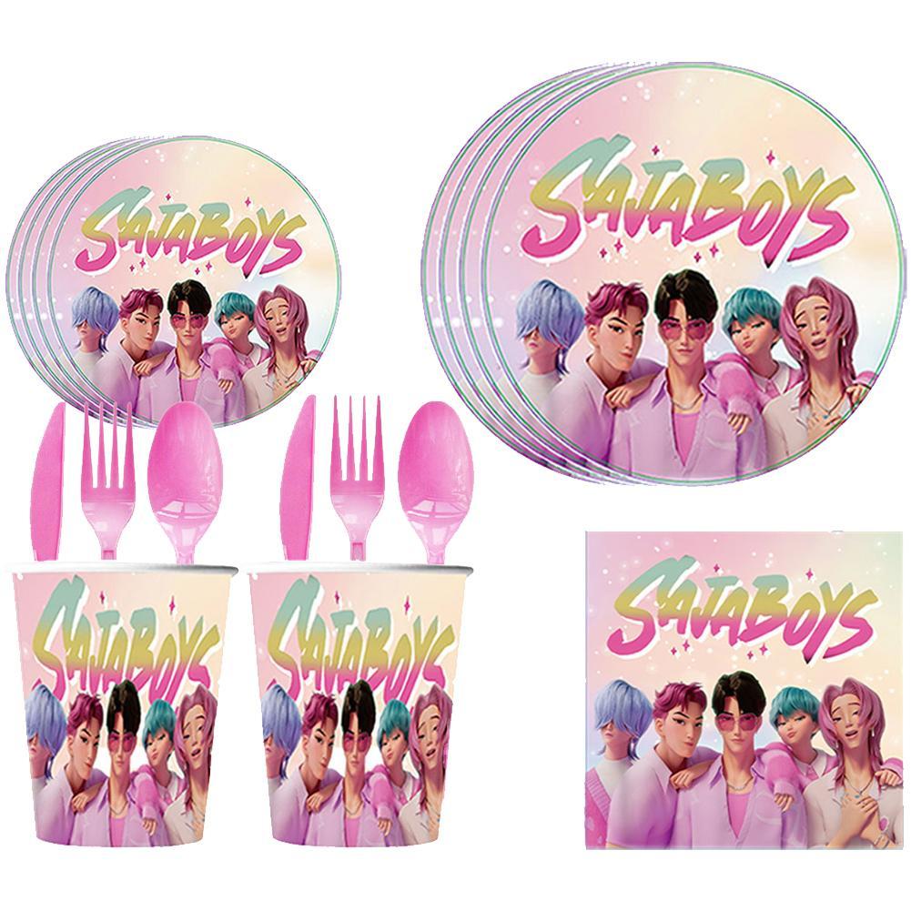 Demon Hunters Themed Party Tableware Set - จานใช้แล้วทิ้ง ถ้วย ผ้าเช็ดปาก ชุดช้อนส้อม U8h1