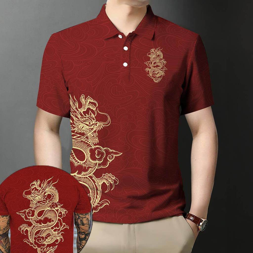 เสื้อโปโลผู้ชายแบบไทยสำหรับตรุษจีน พิมพ์ลายมังกรทองและเมฆ แห้งไว ระบายอากาศดี - รูปที่ 2