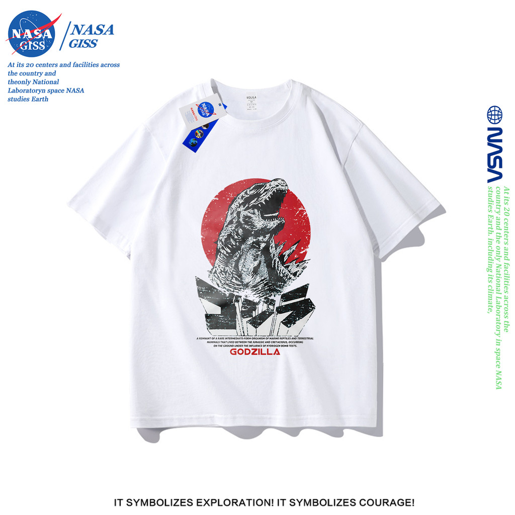 NASA เสื้อยืดชายหญิงแขนสั้น สตรีทฮิปฮอป summer GODZILLA พิมพ์ลาย คอตตอน คอกลม หลวมและระบายอากาศ