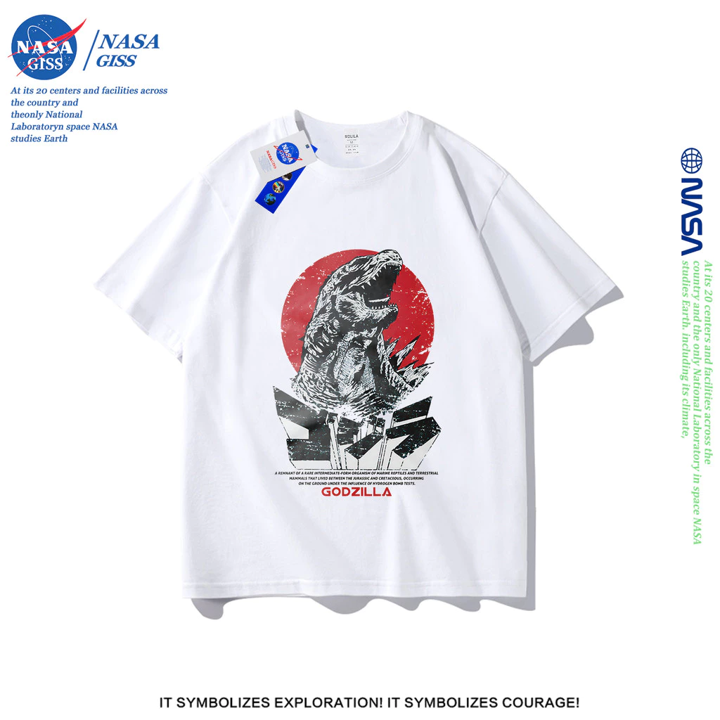 NASA เสื้อยืดชายหญิงแขนสั้น สตรีทฮิปฮอป summer GODZILLA พิมพ์ลาย คอตตอน คอกลม หลวมและระบายอากาศ
