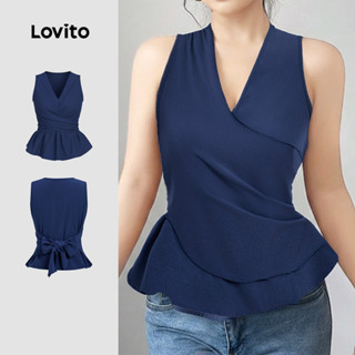 Lovito  เสื้อลําลองผู้หญิง ผูกเชือกด้านหน้า ชายระบาย สีฟ้าเข…