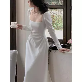 มินิมอล สีฟ้าอ่อน เดรสคอ V แขนยาว รัดเอว เดรสยาว ออกงาน อ๊อฟ ใส่สบาย ลมพัด ขนาด S-3XL 💙