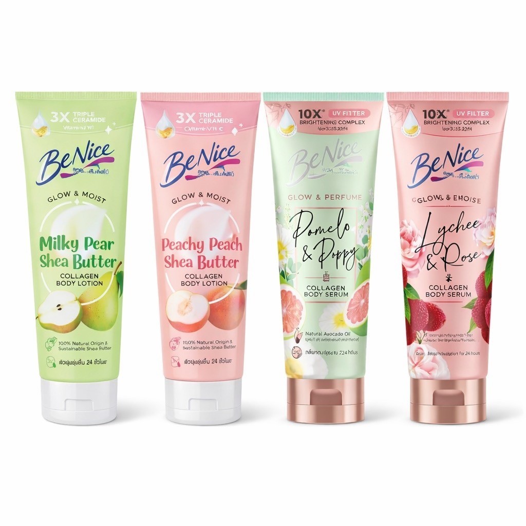 BeNice บีไนซ์ โกลว์แอนด์มอยส์ บอดี้โลชั่น / โกลว์แอนด์เพอร์ฟูม บอดี้เซรั่ม โลชั่นน้ำหอม 170มล.