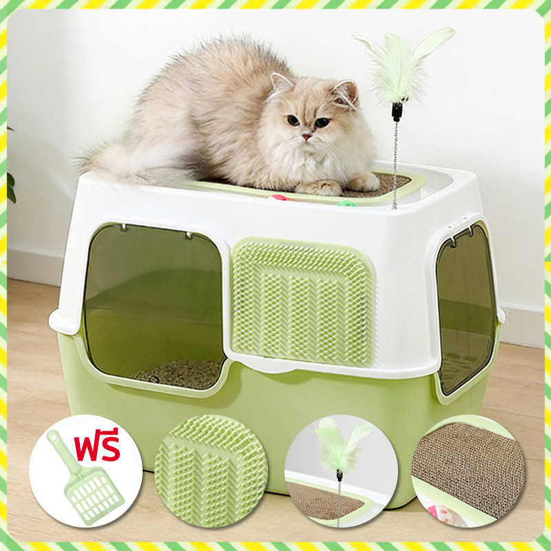 YTL【ฟรีที่ตักทรายแมว】ห้องน้ำแมว 4-in-1 แบบปิด กระบะทรายแมวขนาดใหญ่ เพิ่มพื้นที่ ป้องกันกลิ่น ป้องกันการกระเซ็น กระบะทราย