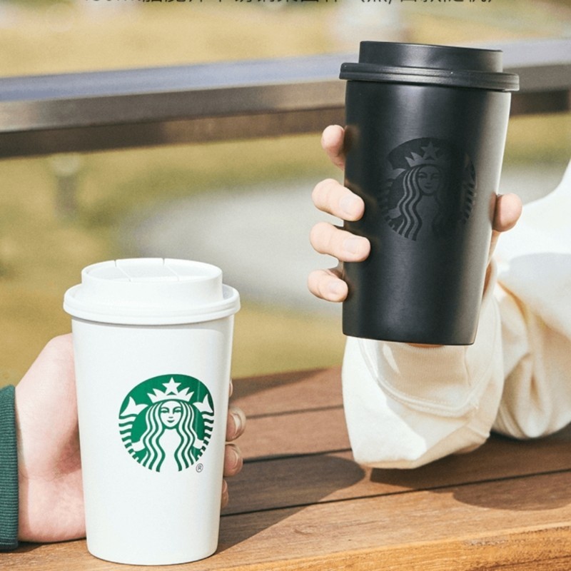 สตาร์บัคส์ถ้วย2025 สไตล์มินิมอลคลาสสิกกระติกน้ําร้อนสีดําสีขาวสก์ท็อปฝากด430มิลลิลิตรดื่มโดยตรงถ้วยสแตนเลส
