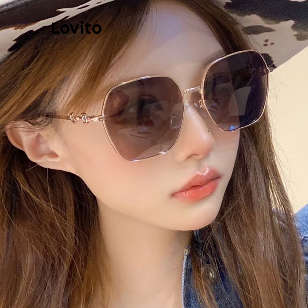 Lovito สง่างาม แว่นตากันแดดแว่นตากันแดดโลหะธรรมดาสําหรับผู้หญิง LFA06291 (สีแทน/ดํา)
