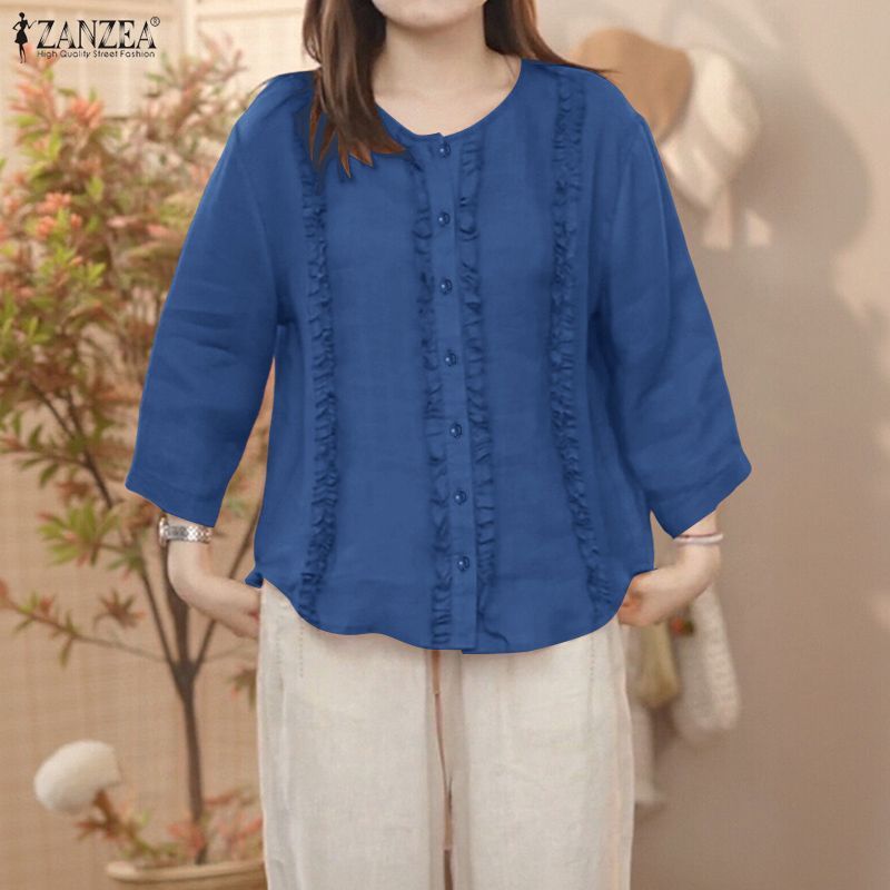 ZANZEA เสื้อลายแพตช์เวิร์คและรัฟเฟิล สไตล์เกาหลีสำหรับผู้หญิง มีปุ่มด้านหน้า แขนสั้น 3/4 — صورة 5