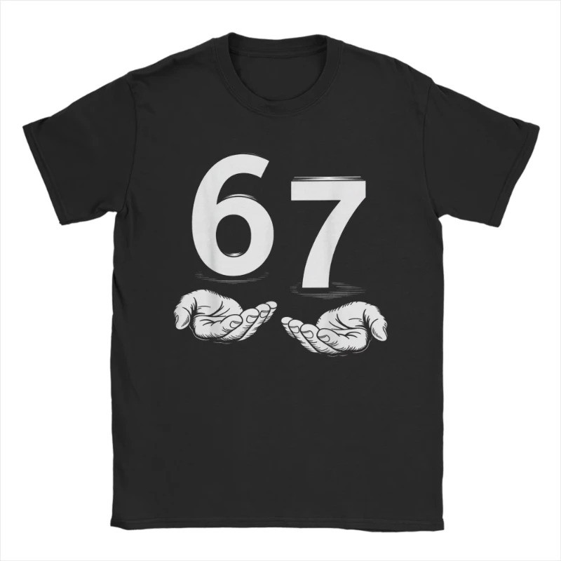 เสื้อยืดผู้ชายสไตล์ยุโรปและอเมริกา ลายตลก Six Seven 67 Meme Gen Alpha Slang 67 Hands วินเทจ ผ้าฝ้าย 