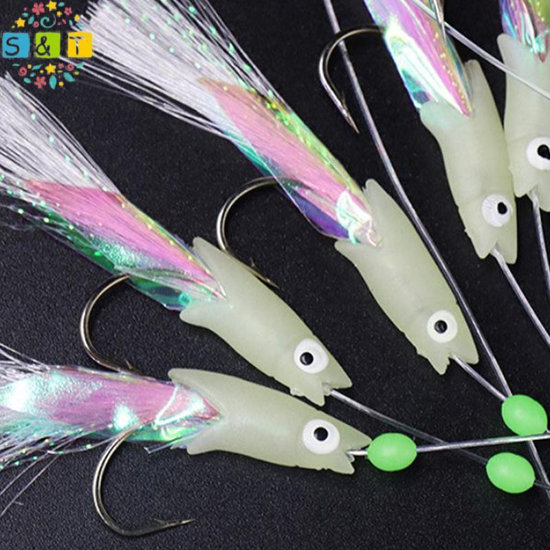 [S&T] เหยื่อปลอมเลเซอร์แสงสว่างสำหรับตกปลาทะเล พร้อมสายเหยื่อและเบ็ดSabiki Rig 5 ชิ้น