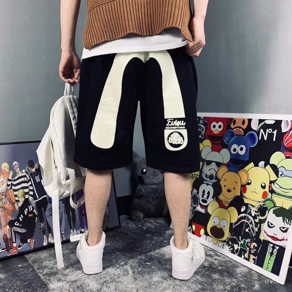 2026 new evisu กางเกงขาสั้นเทอร์รี่ลาย Broken Big M