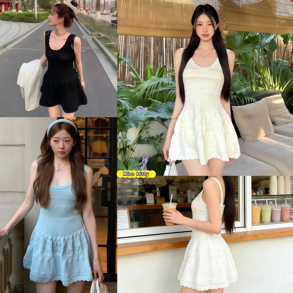 Miss Kitty ชุดเดรสสายเดี่ยวไหมพรมผู้หญิง เนื้อผ้าคุณภาพดี รัดรูป สีเรียบ น่ารัก แฟชั่นสั้น W-N096-0