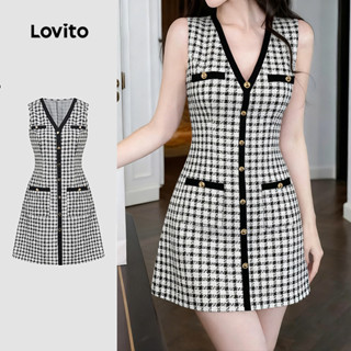 Lovito  แพทเทิร์นชุดเดรสลําลอง กระเป๋าปลอม ขอบผ้าตัดกัน สําห…