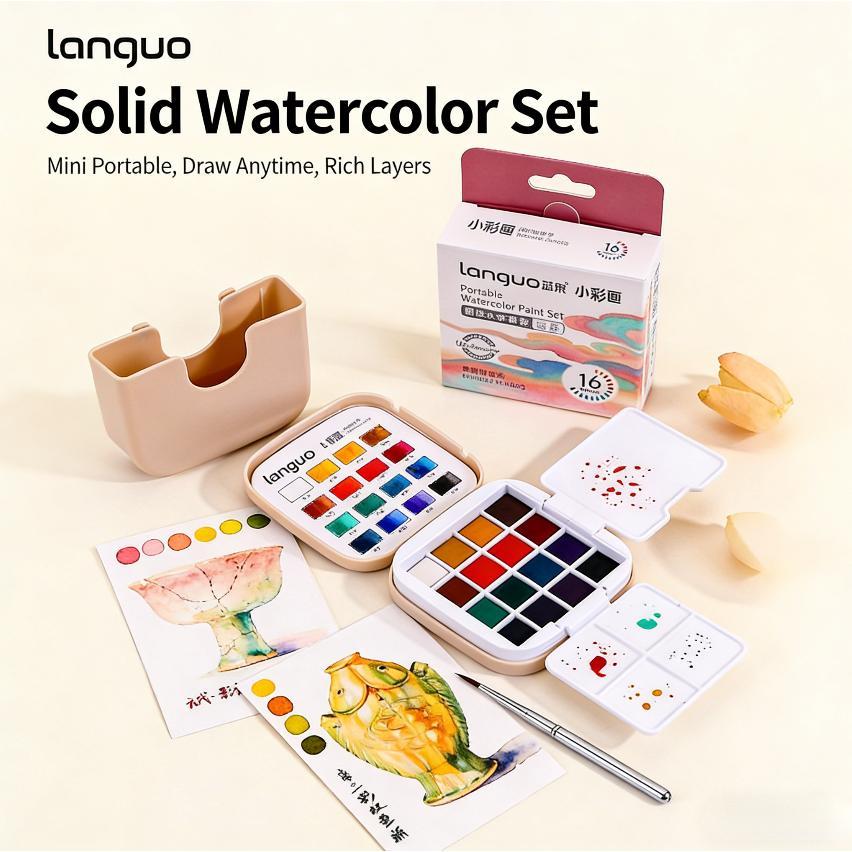 Mini 16 สี Solid Pigment ชุดสีผสม Palette แปรงปากกาล้างกล่อง Art นักเรียนวาด