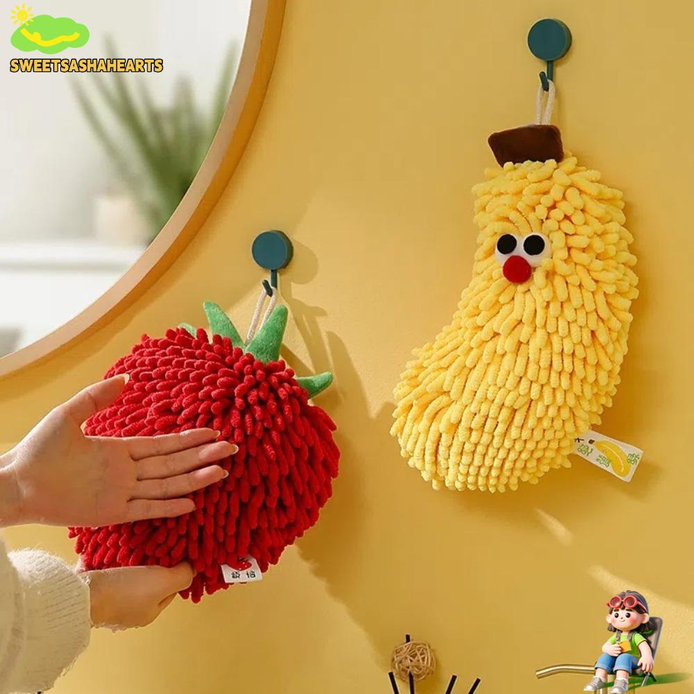 SWEE Wipe Hand Towel, Strawberry Banana Quick Dry Wipe Handball, พร้อมห่วงแขวนผ้าเช็ดมือไมโครไฟเบอร์