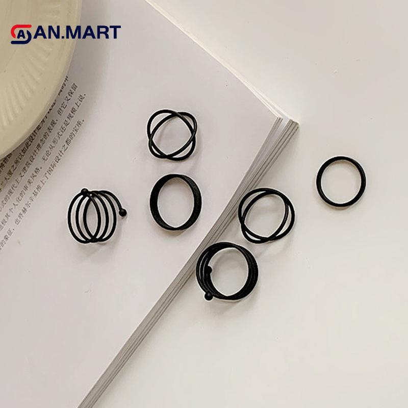 AN.MART 3/6 ชิ้น Vintage Bla แหวนชุดสําหรับหญิงสาว Punk Metallic Geometric Simple MY