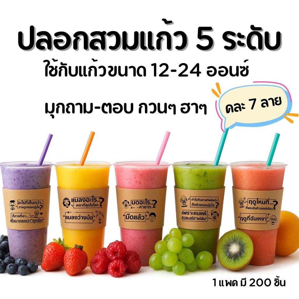 ปลอกแก้วพิมพ์ลายมุกถาม-ตอบ แบบกวนๆฮาๆ 1แพค 200 ชิ้น ปรับได้ 5 ระดับ